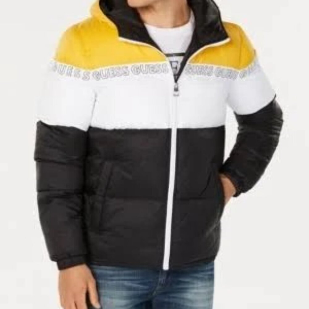 GUESS Men's Color Block Hooded Puffer Jacket with Logo Tape